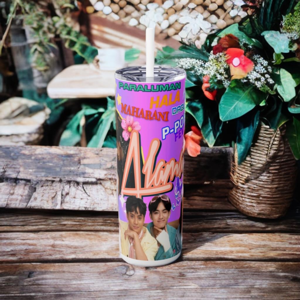 P-Pop Alamat tumbler with straw, featuring Filipino pop music design, perfect for hot and cold beverages.