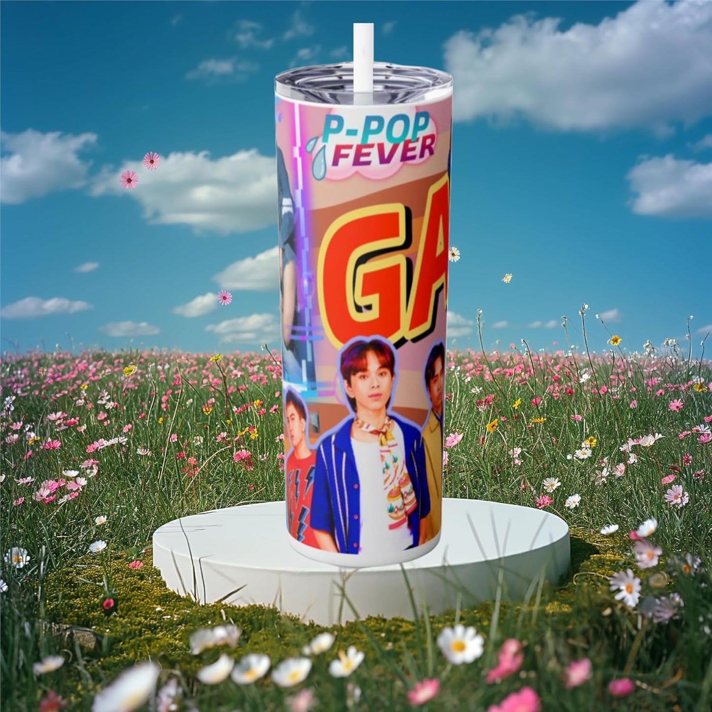 P-Pop GAT tumbler, 20 oz stainless steel drinkware with straw, perfect for hot and cold drinks, set in a floral field.