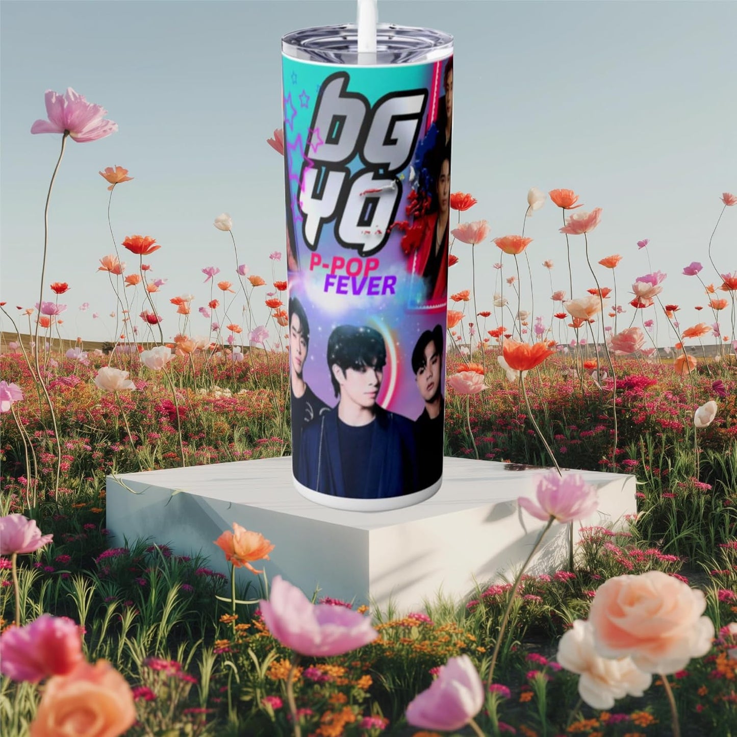 P-Pop Bgyo tumbler in a floral setting, 20 oz stainless steel drinkware with straw, ideal for hot or cold drinks.