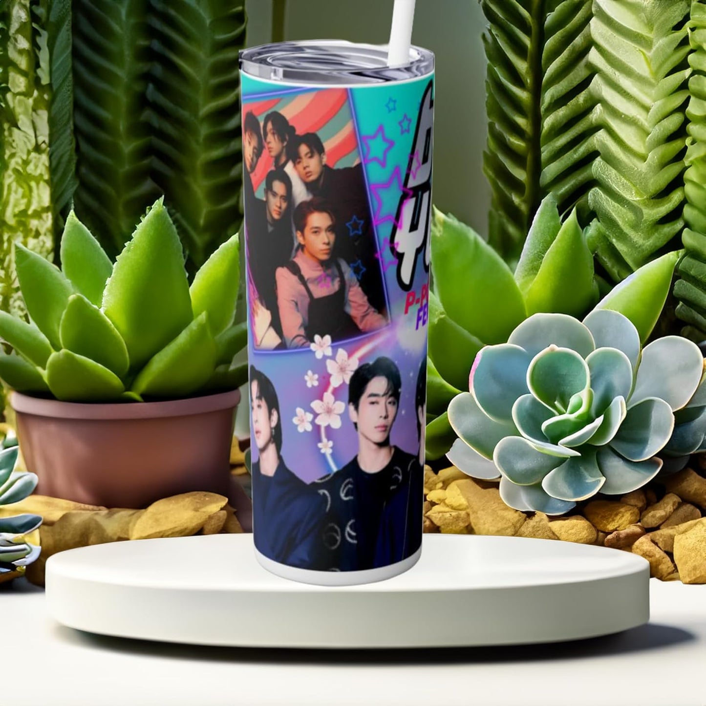 20 oz P-Pop Bgyo tumbler, colorful design, perfect for teens, ideal for hot and cold drinks, stylish stainless steel drinkware.