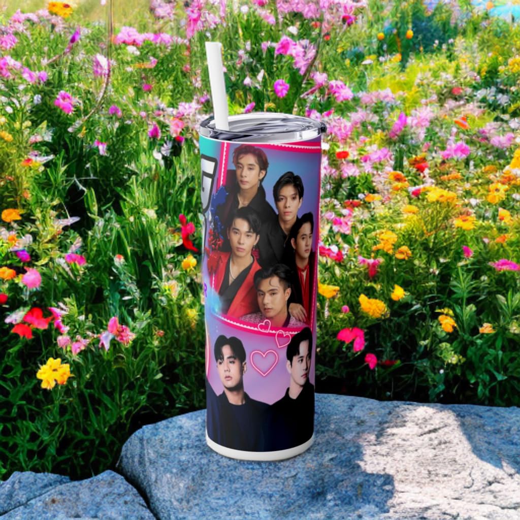 P-Pop Bgyo tumbler with images of performers, surrounded by colorful flowers, perfect for hot or cold drinks.