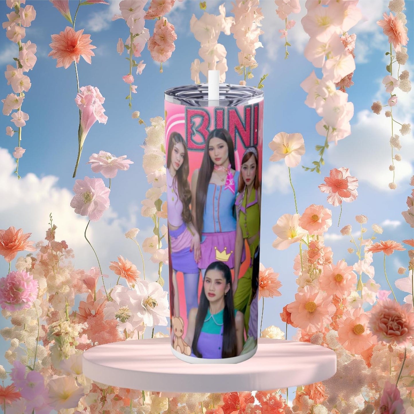 P-Pop Bini tumbler with straw and lid, floral background, 20 oz stainless steel drinkware for Filipino teens.