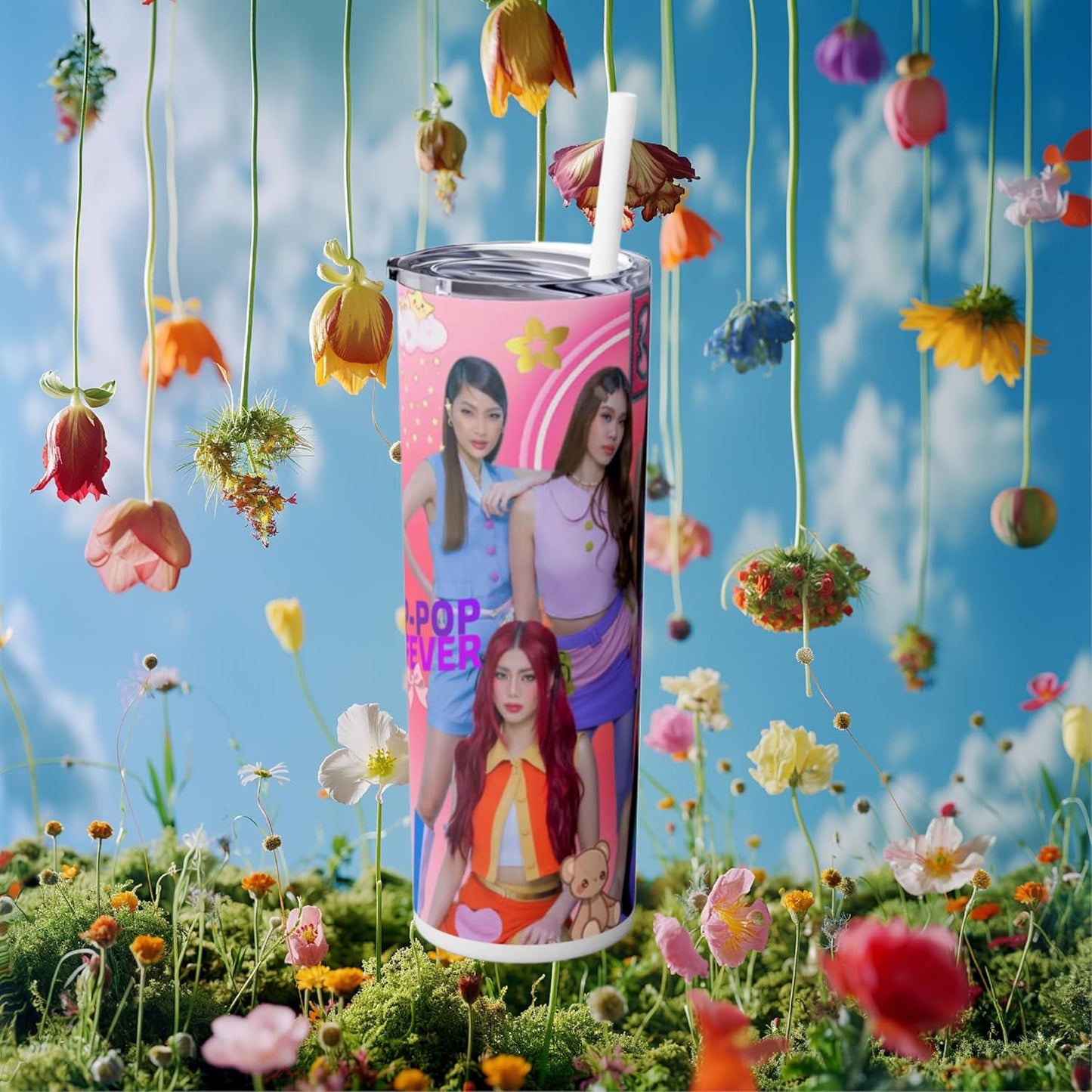 P-Pop Bini Tumbler with straw, 20 oz stainless steel drinkware featuring colorful design, perfect for Filipino teens.