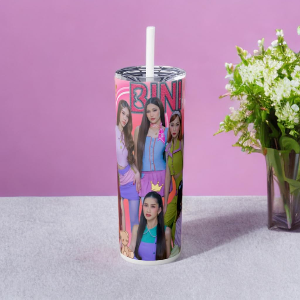 Colorful Bini tumbler featuring Pinoy pop music design, perfect for teens and enjoying hot or cold drinks.