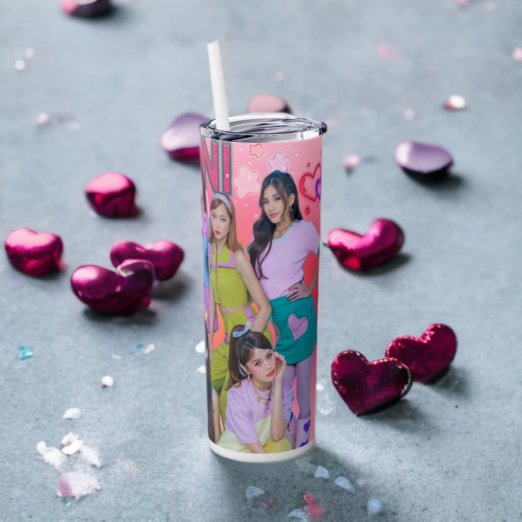 P-Pop Bini Tumbler 20 oz with colorful design, surrounded by heart-shaped decorations, ideal for hot or cold drinks.