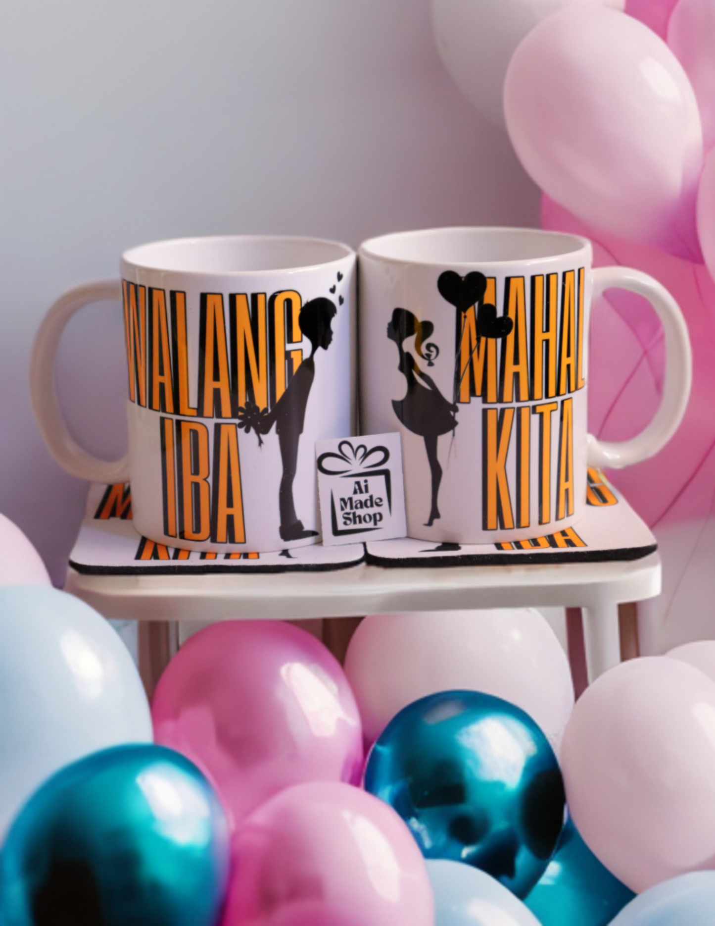 Couple Ceramic Mug 11oz With Handle Pack of 2, With Matching 2 Coffee Cooasters, Filipino Gift For Partners, His & Hers Handcrafted Pinoy Drinkware, Romantic Tagalog - Mahal Kita
