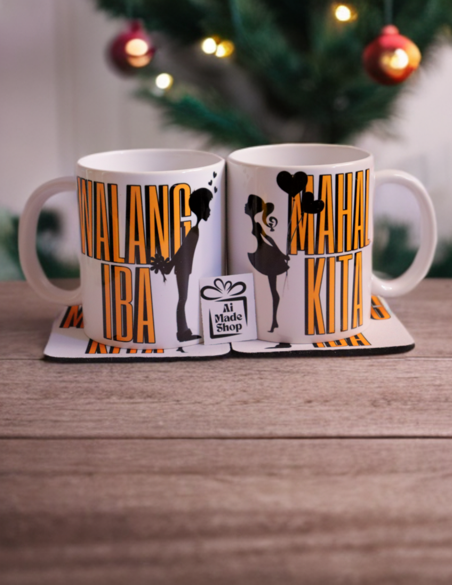 Couple Ceramic Mug 11oz With Handle Pack of 2, With Matching 2 Coffee Cooasters, Filipino Gift For Partners, His & Hers Handcrafted Pinoy Drinkware, Romantic Tagalog - Mahal Kita