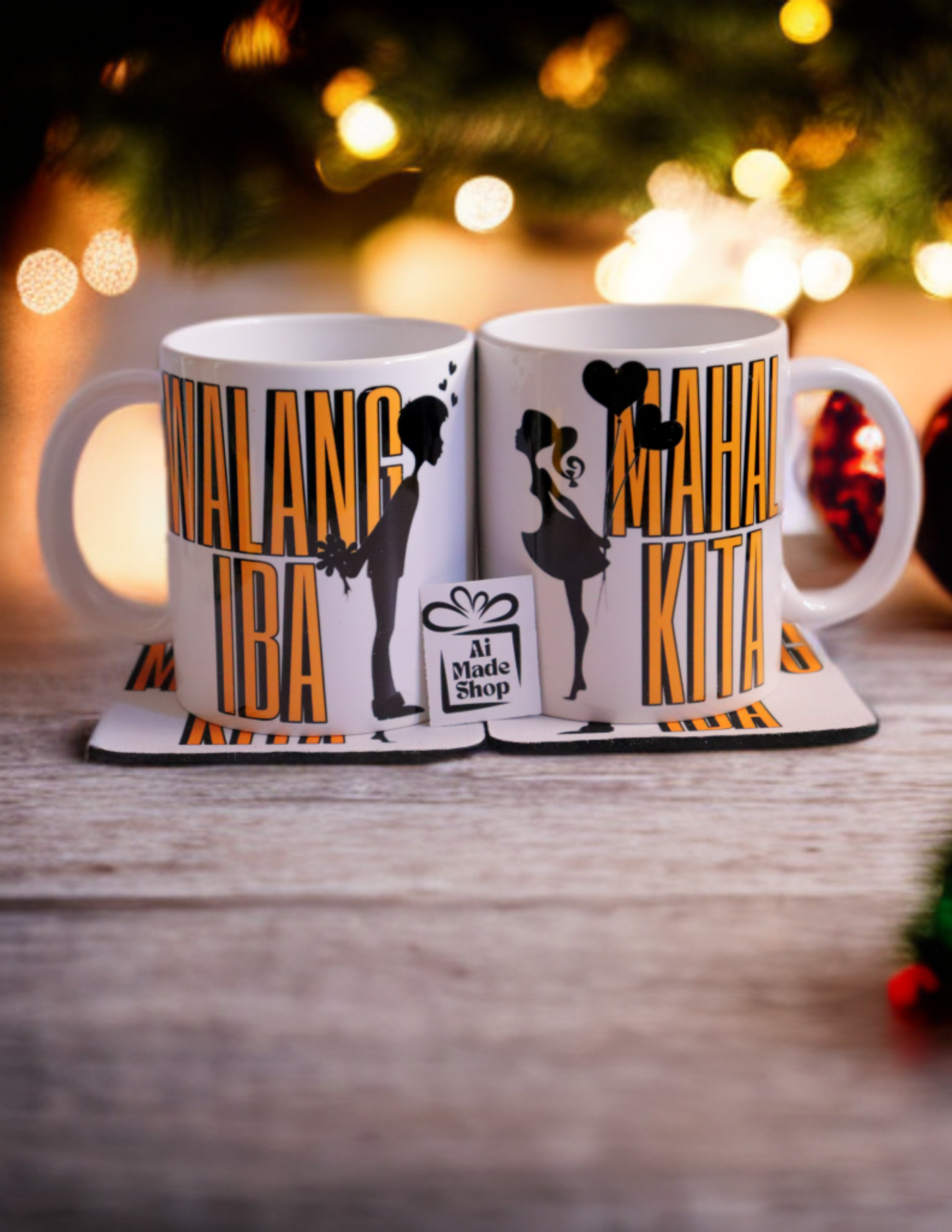Couple Ceramic Mug 11oz With Handle Pack of 2, With Matching 2 Coffee Cooasters, Filipino Gift For Partners, His & Hers Handcrafted Pinoy Drinkware, Romantic Tagalog - Mahal Kita