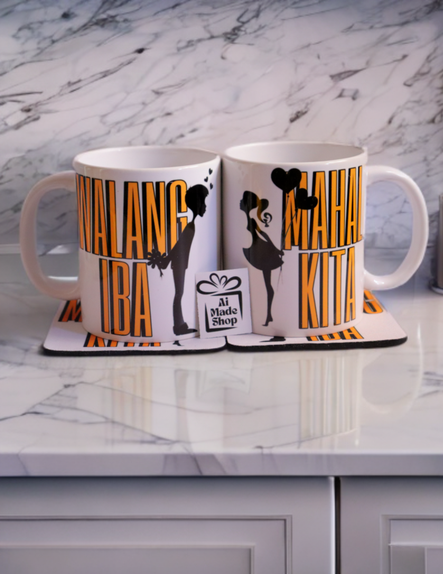 Couple Ceramic Mug 11oz With Handle Pack of 2, With Matching 2 Coffee Cooasters, Filipino Gift For Partners, His & Hers Handcrafted Pinoy Drinkware, Romantic Tagalog - Mahal Kita