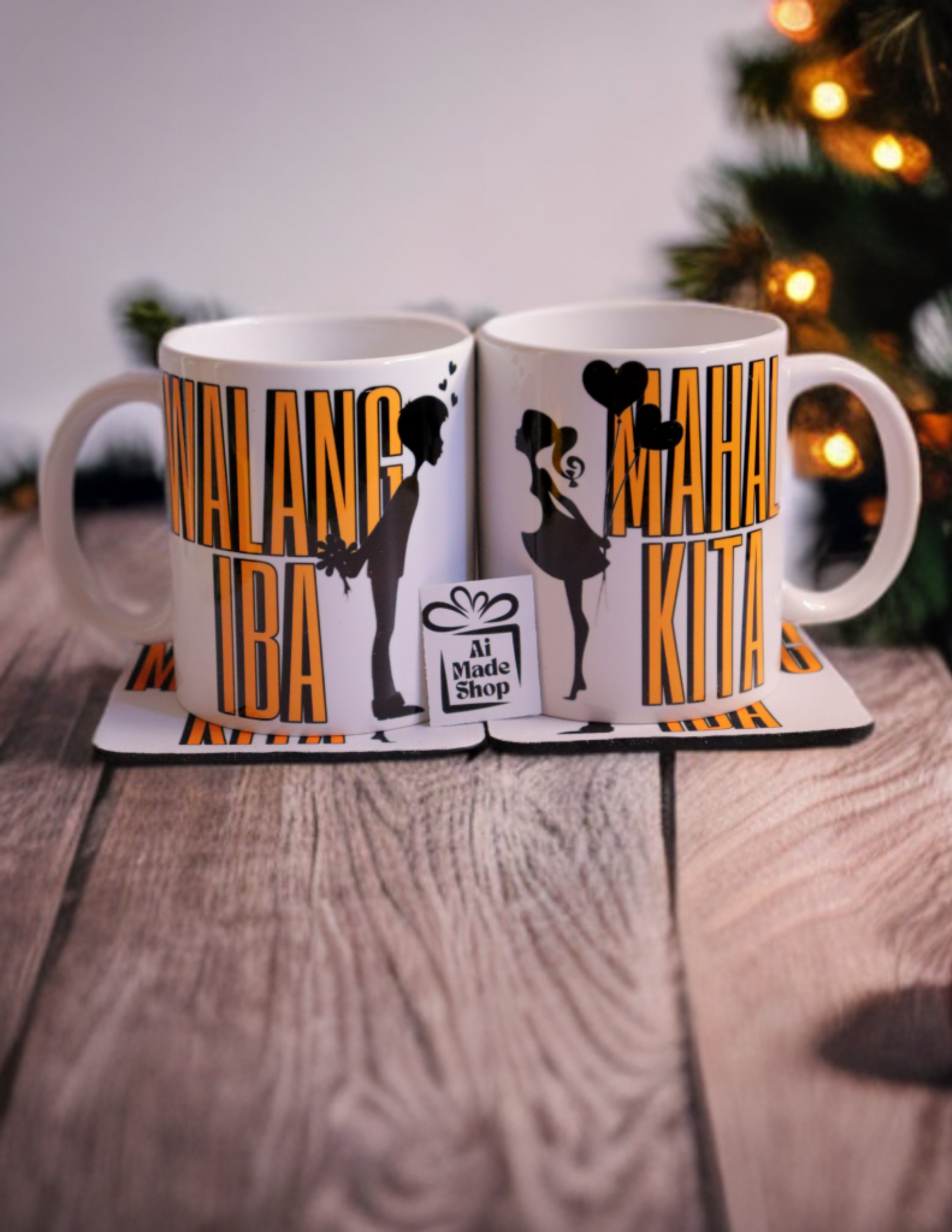 Couple Ceramic Mug 11oz With Handle Pack of 2, With Matching 2 Coffee Cooasters, Filipino Gift For Partners, His & Hers Handcrafted Pinoy Drinkware, Romantic Tagalog - Mahal Kita