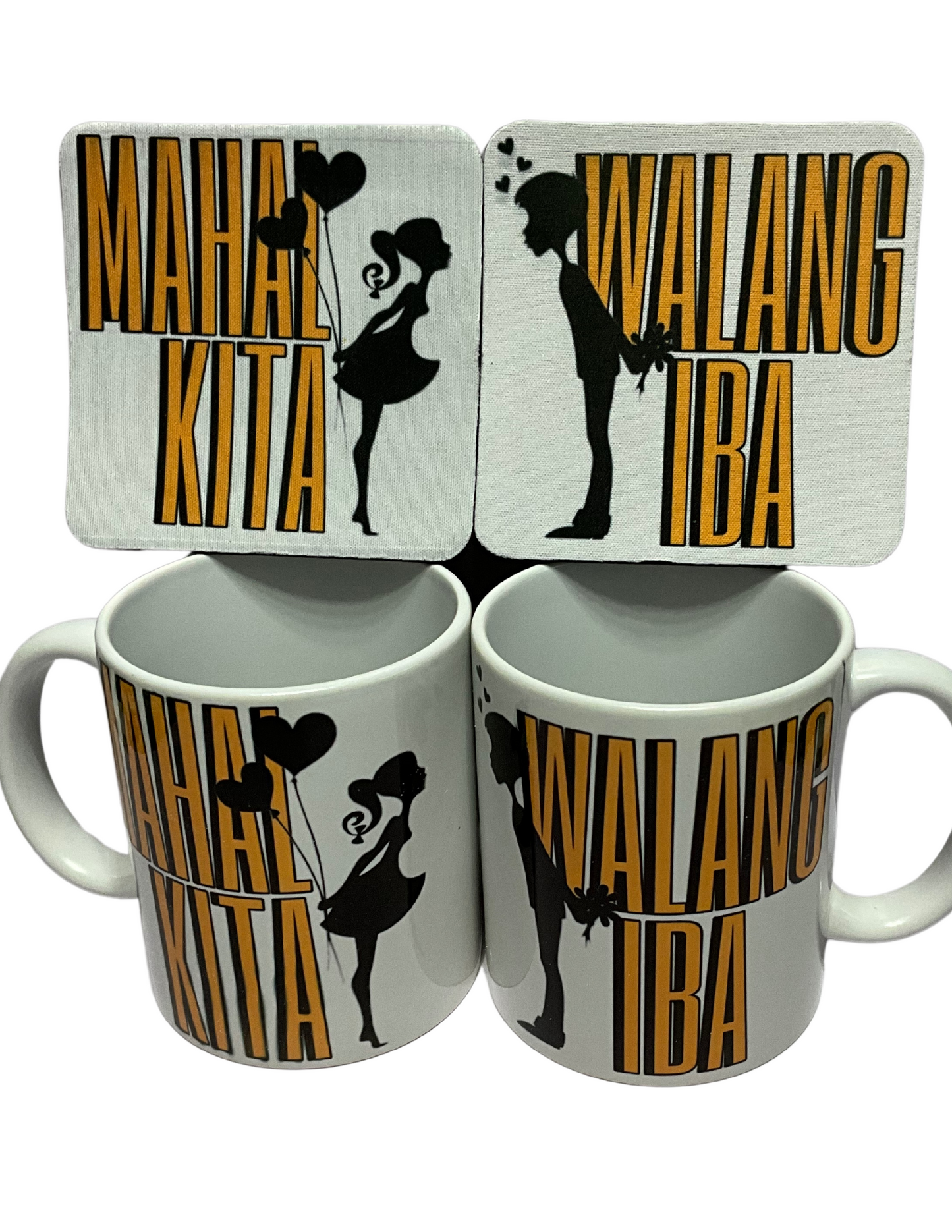 Couple Ceramic Mug 11oz With Handle Pack of 2, With Matching 2 Coffee Cooasters, Filipino Gift For Partners, His & Hers Handcrafted Pinoy Drinkware, Romantic Tagalog - Mahal Kita