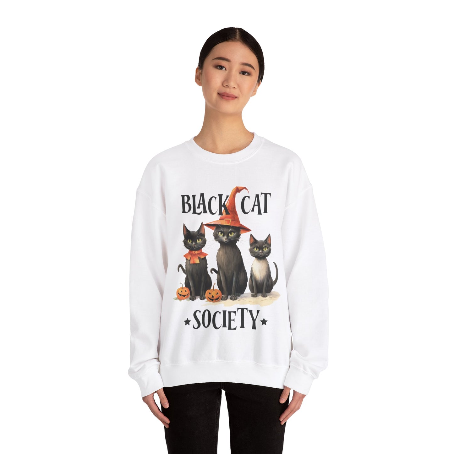 Cat Sweatshirt Halloween Graphic Pullover Sweater | Retro Gifts For Mom Cat Gift For Cat Lovers | Black Cat Society