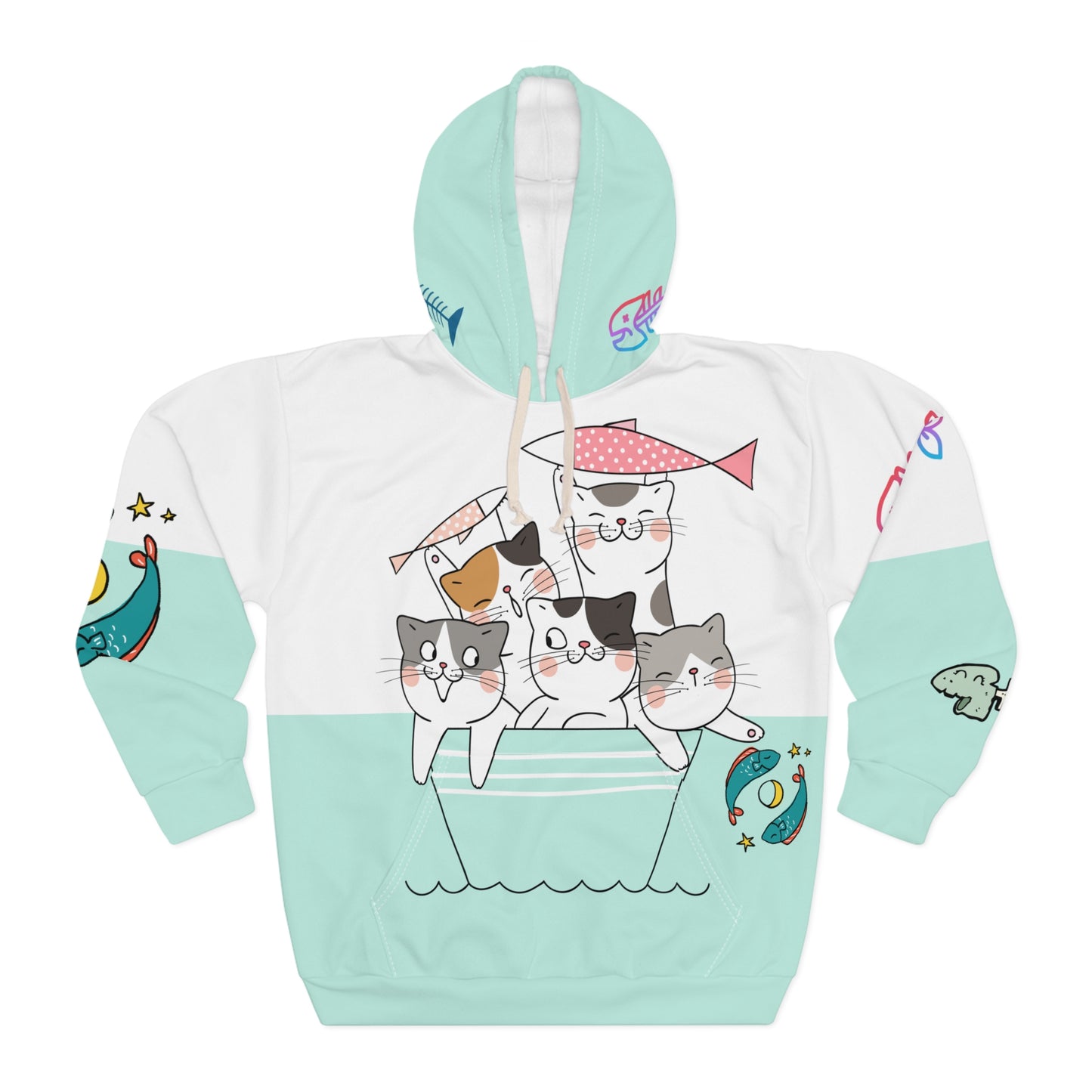 Unisex Pullover Hoodie AOP  / Cute Cats All Over Print Hooded Sweatshirt / Aesthetic Blue Pullover Winter Jacket
