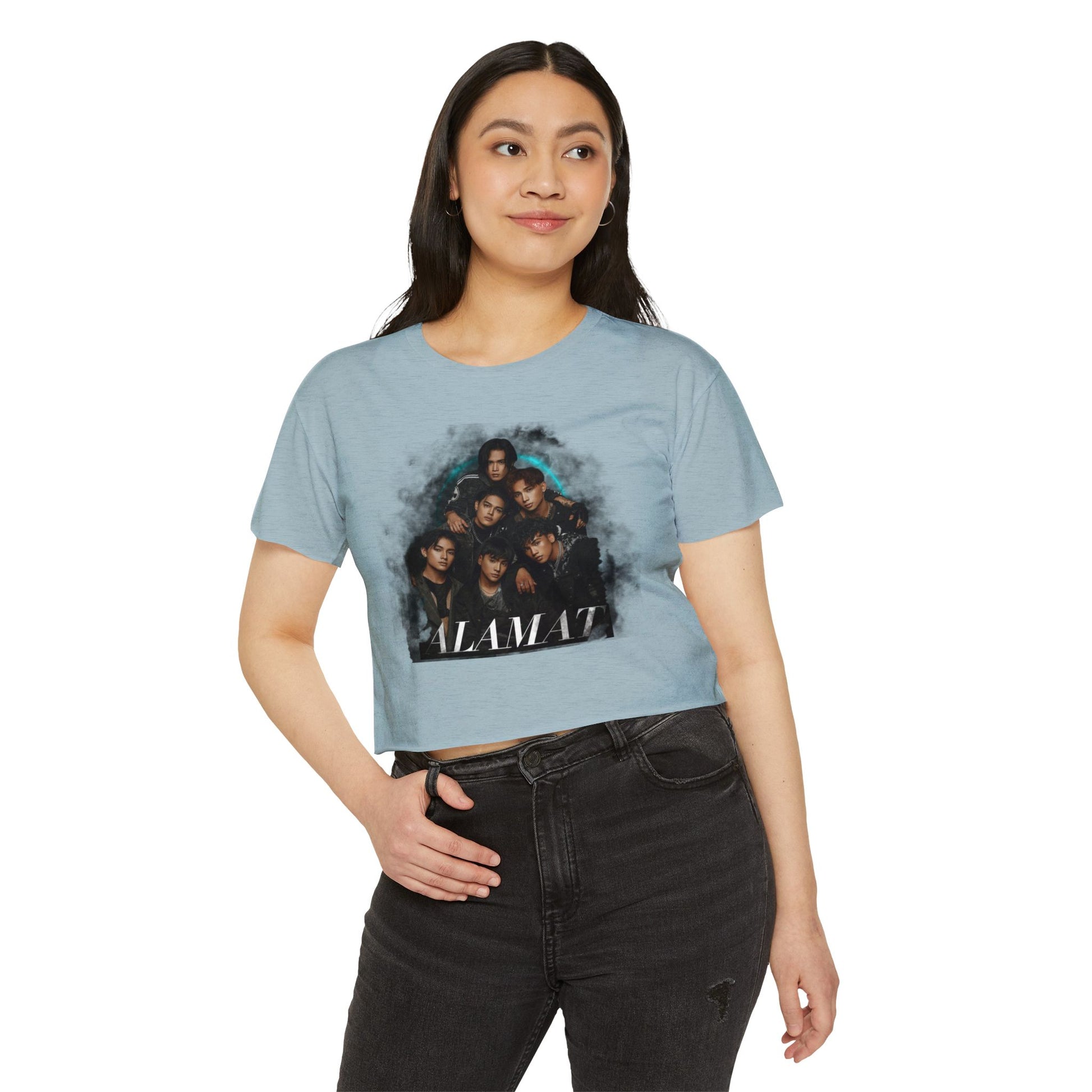 Woman wearing P-Pop Alamat Crop Top in blue, perfect for concerts and casual outings.