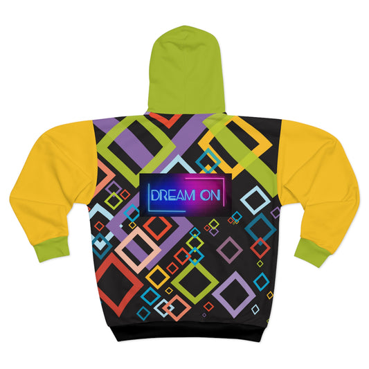 AOP Unisex Zip Hoodie, Neon Geometric All Over Print Hoodie, Aesthetic Pullover Black Zipper Hooded Jacket