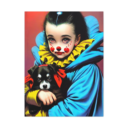 Sad Clown Girl Holding A Sad Puppy Dog Canvas Gallery Wrap 30x40 Wall Hang Colorful Print
