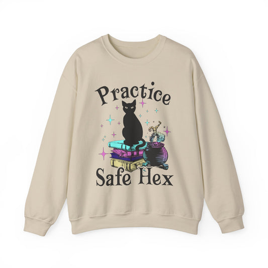 Practice Safe Hex Sweatshirt Halloween Graphic Pullover Sweater | Witchy Gifts For Mom | Gift For Cat Lovers