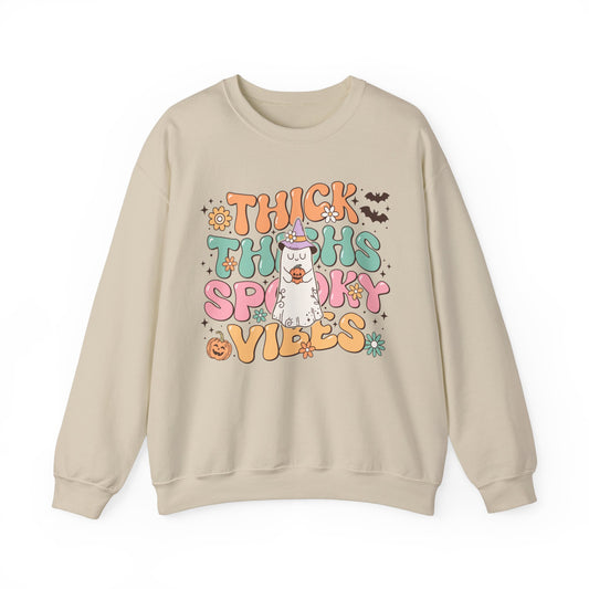 Fall Sweatshirt Halloween Graphic Pullover Sweater | Autumn Gifts For Mom Funny Gift For Her | Thick Thighs Spooky Vibes