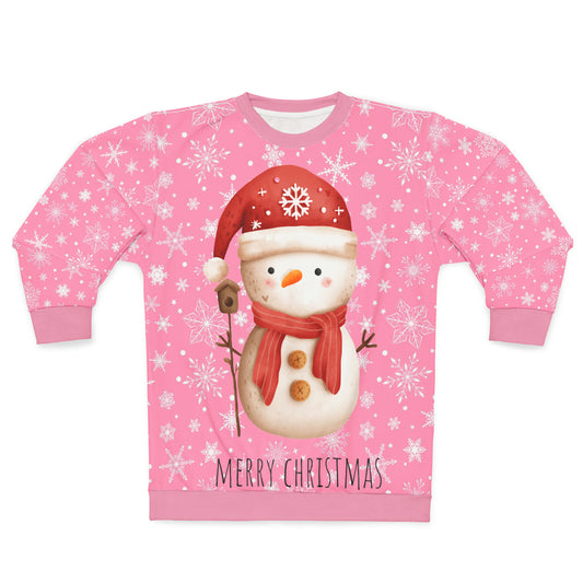 Pink Christmas Sweater, Unisex Pullover Crewneck Sweatshirt, Cute Snowman