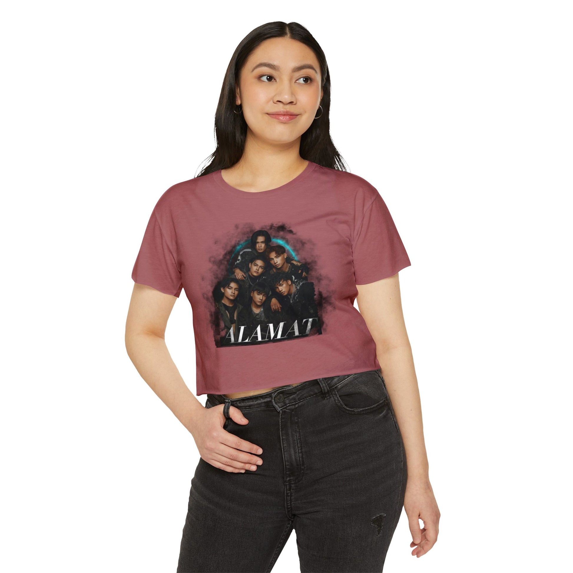 Woman wearing a P-Pop Alamat crop top, perfect for concerts or casual gatherings, showcasing Filipino pop culture.