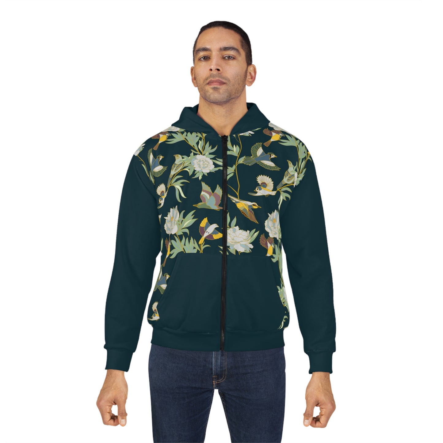Unisex Zip Hoodie AOP / Roses & Hummingbirds Pattern All Over Print Hoodie / Aesthetic Pullover Zipper Hooded Jacket