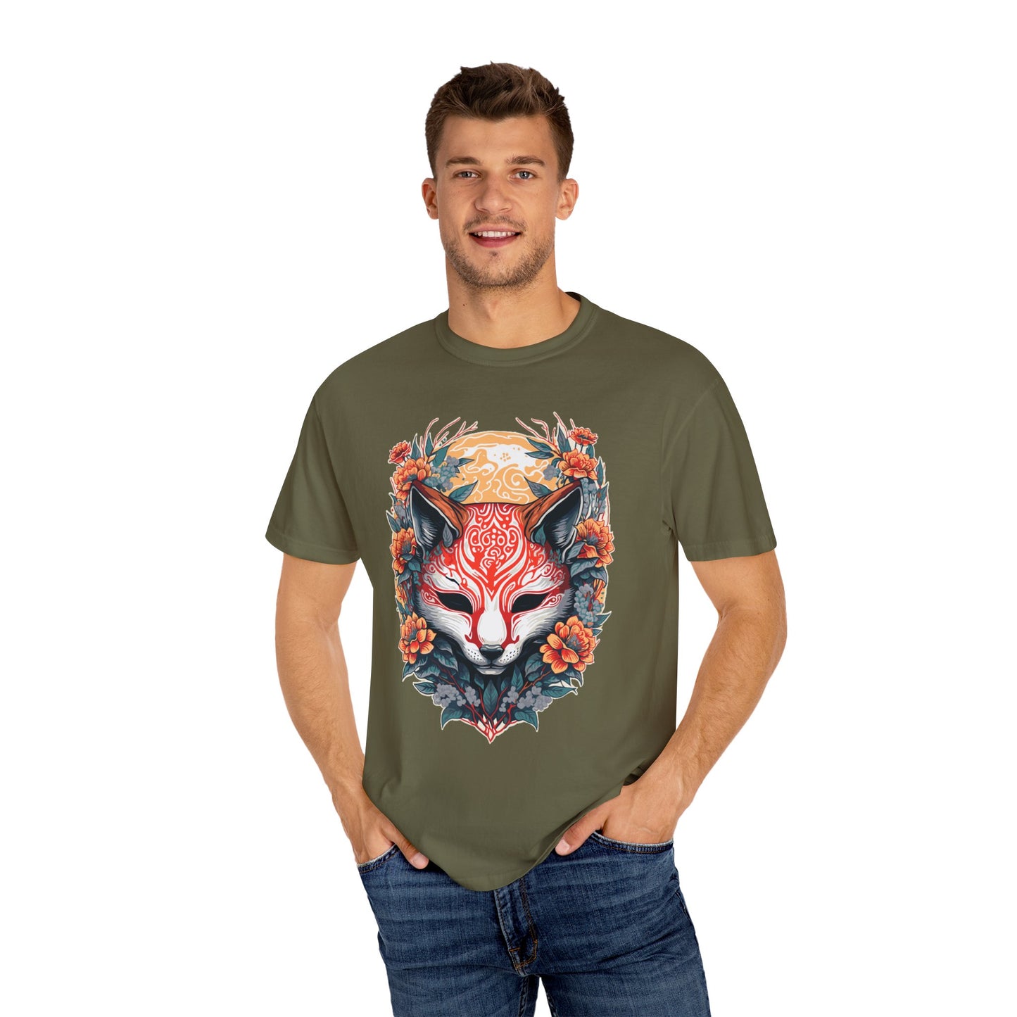 Japanese Kitsune Mask Comfort Colors Tshirt | Mens T-Shirt Graphic Tees Men Shirt Casual | Comfy Loose Fit Summer Clothes | Cotton Street Wear Clothing College Fashion