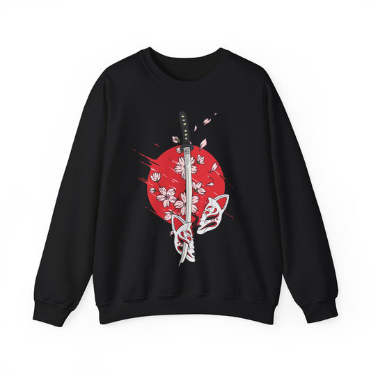 Anime Sweatshirt Kitsune Graphic Pullover Sweater | Japanese Gifts For Gamers Japan Outfit | Cherry Blossom Samurai