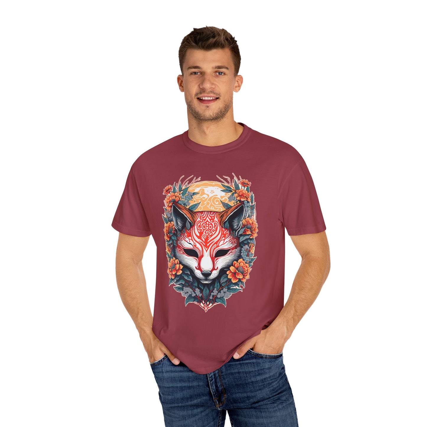 Japanese Kitsune Mask Comfort Colors Tshirt | Mens T-Shirt Graphic Tees Men Shirt Casual | Comfy Loose Fit Summer Clothes | Cotton Street Wear Clothing College Fashion