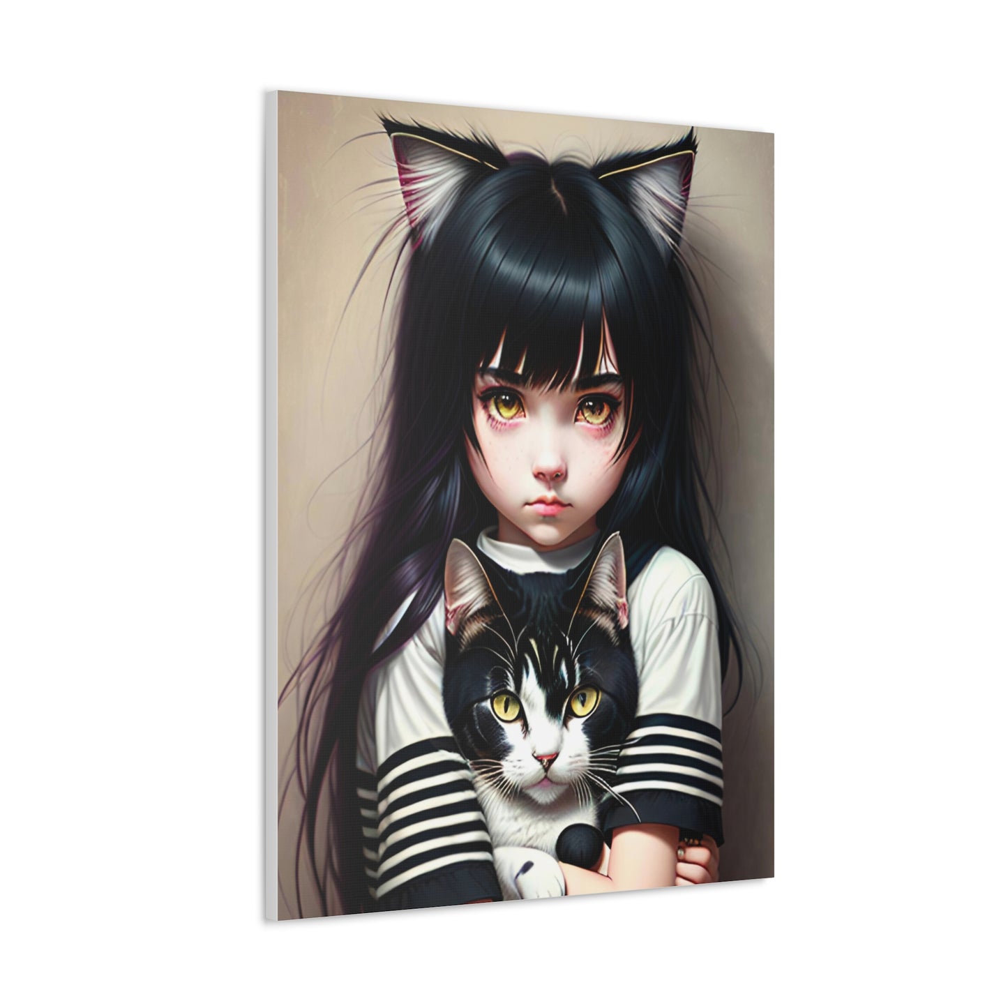 Black Cat Art Canvas Gallery Wrap 30x40 Wall Art Girl Portrait