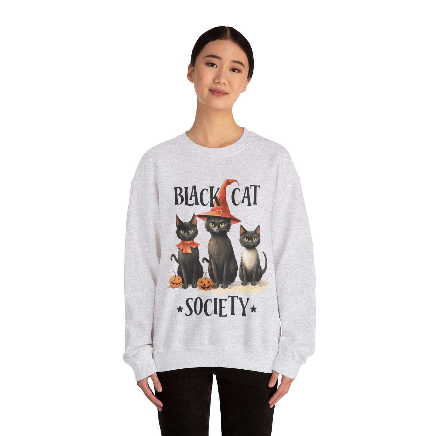 Cat Sweatshirt Halloween Graphic Pullover Sweater | Retro Gifts For Mom Cat Gift For Cat Lovers | Black Cat Society