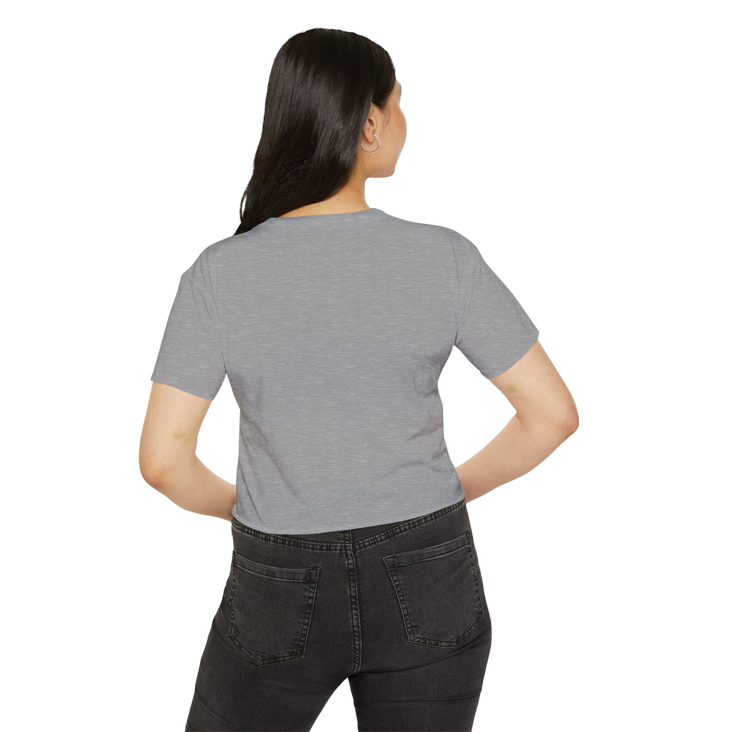 Back view of a woman wearing a gray crop top, ideal for concerts and festivals, showcasing casual style.
