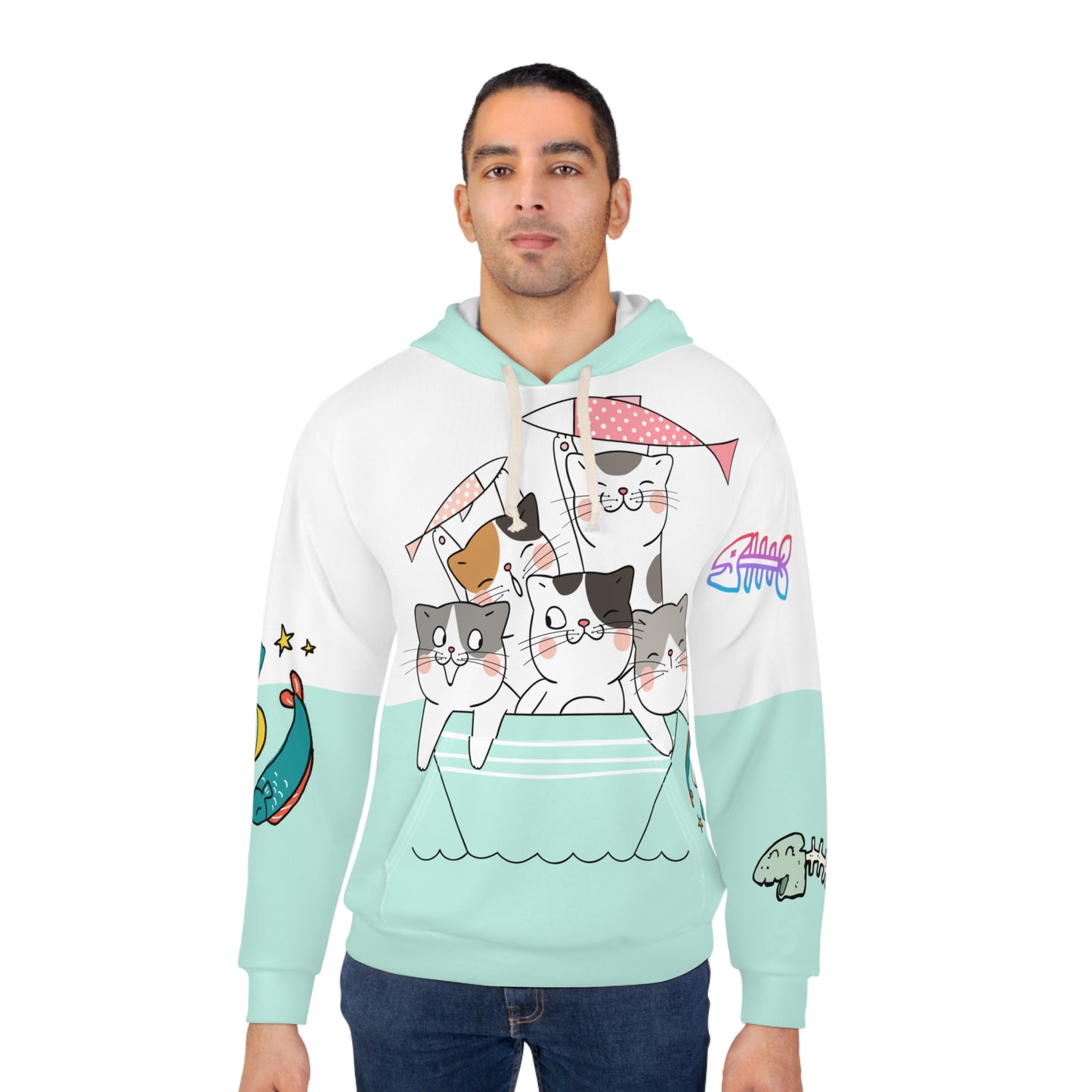 Unisex Pullover Hoodie AOP  / Cute Cats All Over Print Hooded Sweatshirt / Aesthetic Blue Pullover Winter Jacket