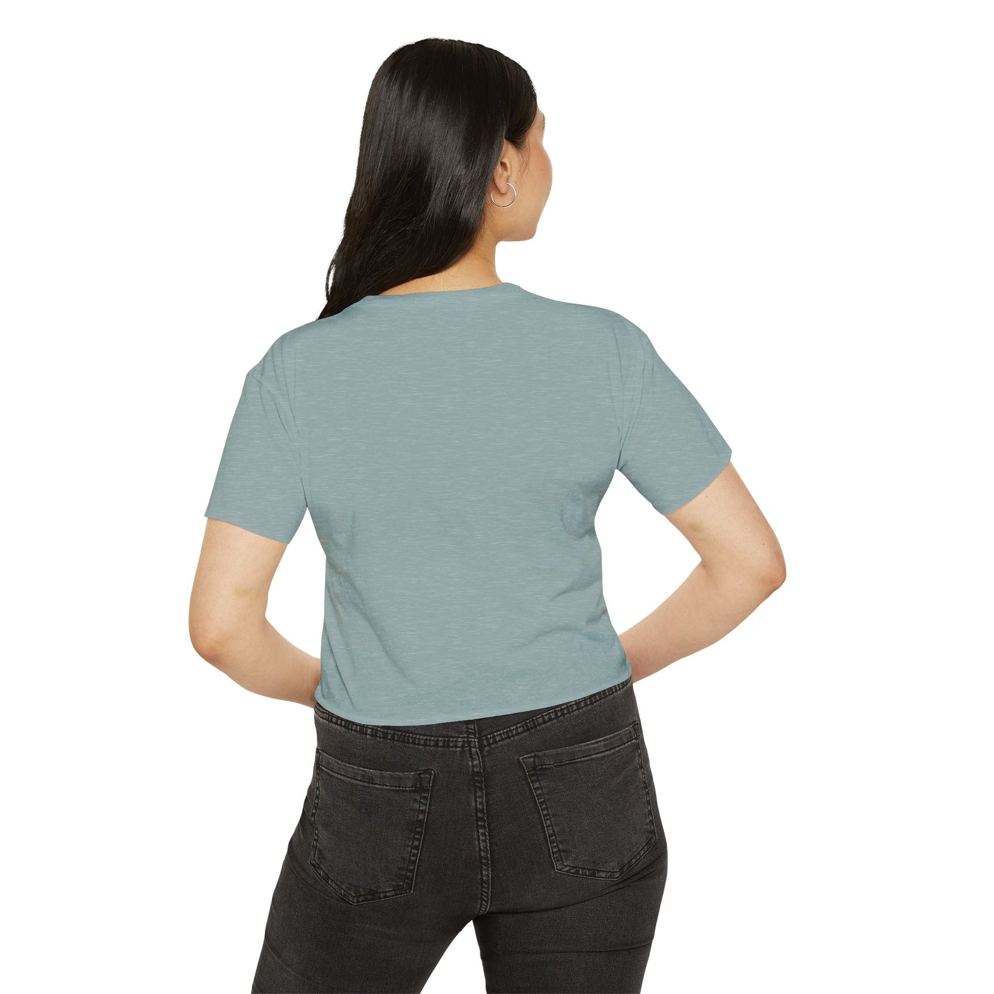 Back view of a woman wearing a teal P-Pop Alamat crop top, perfect for festivals and casual outings.