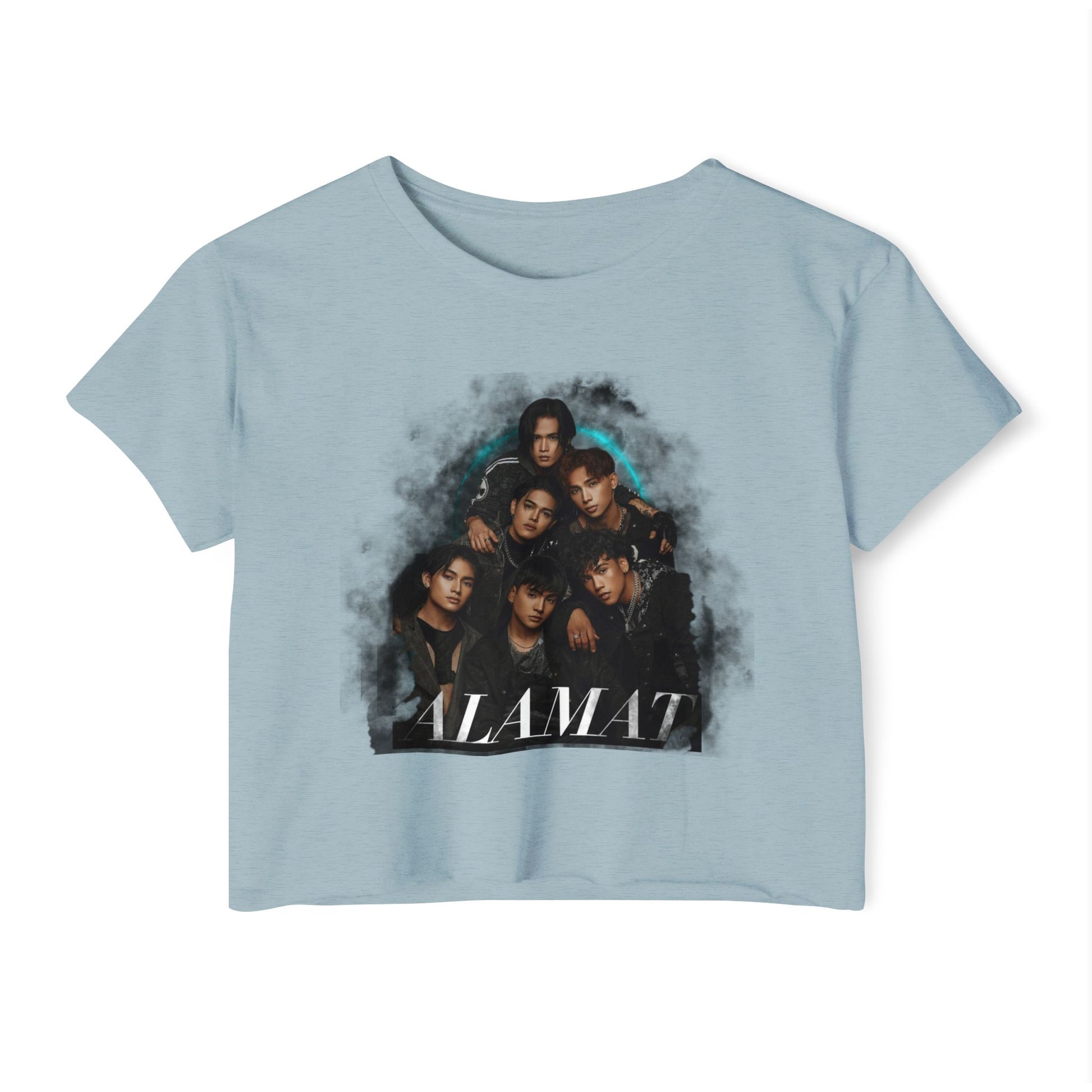 P-Pop Alamat crop top in light blue featuring vibrant graphic design, perfect for festivals and casual wear.