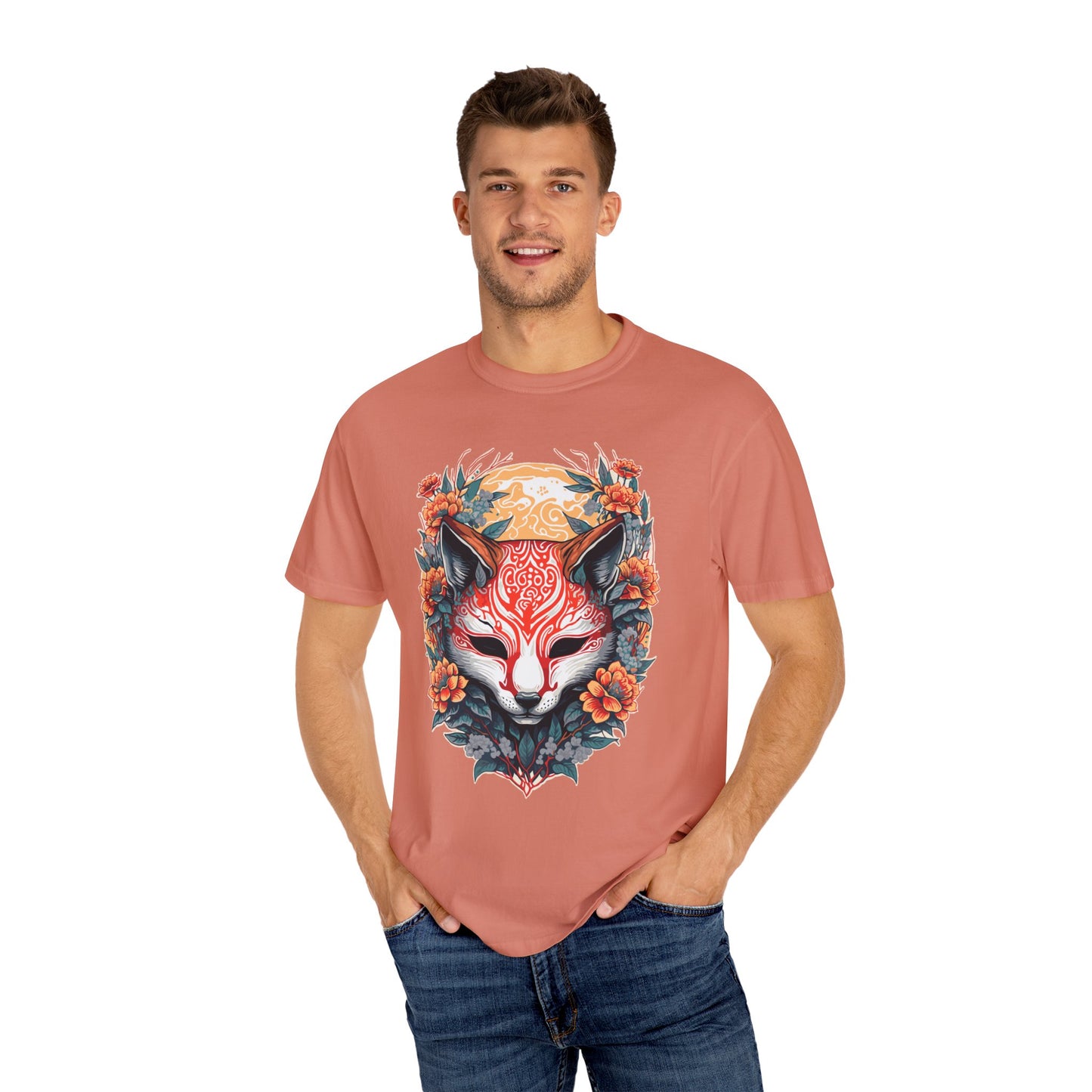 Japanese Kitsune Mask Comfort Colors Tshirt | Mens T-Shirt Graphic Tees Men Shirt Casual | Comfy Loose Fit Summer Clothes | Cotton Street Wear Clothing College Fashion