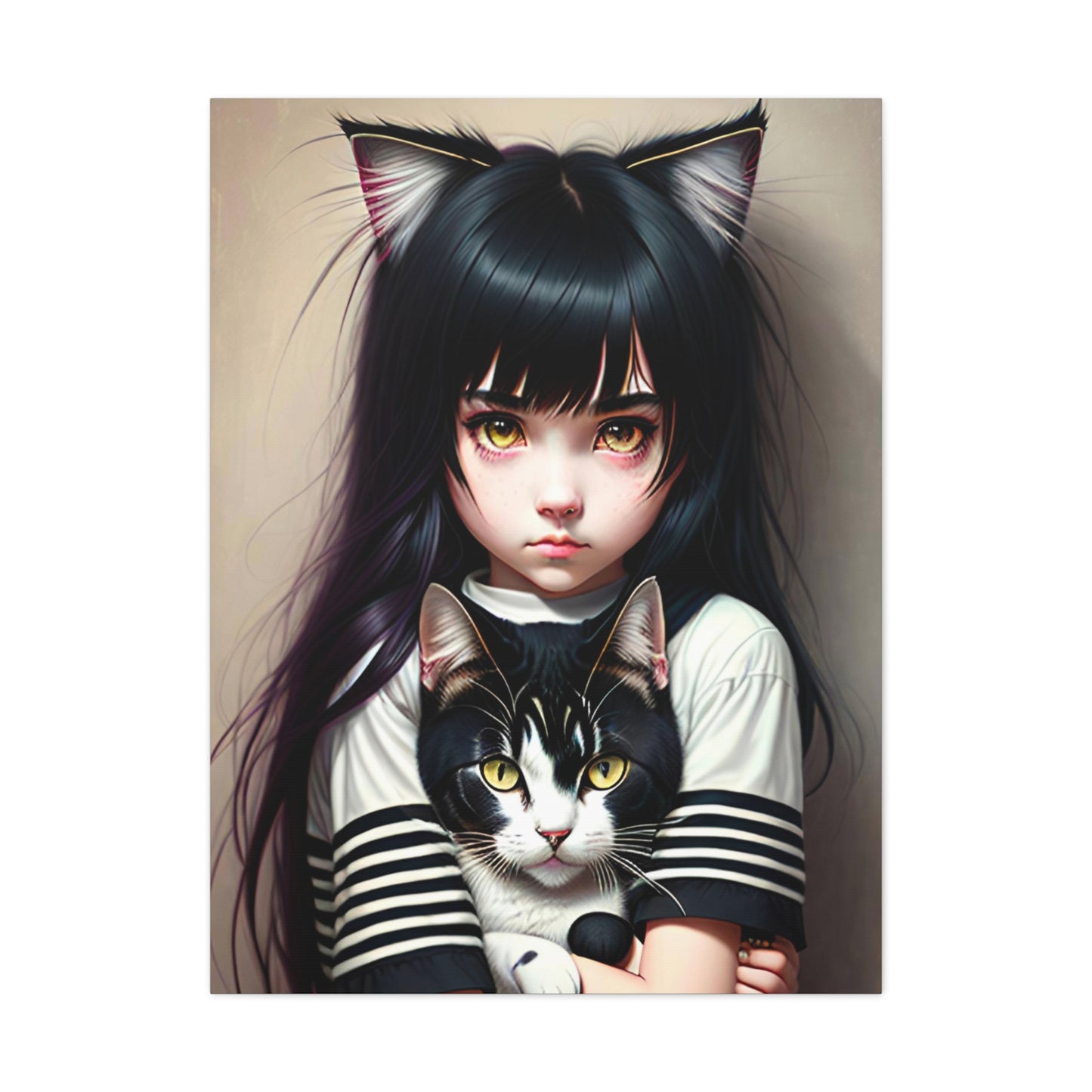 Black Cat Art Canvas Gallery Wrap 30x40 Wall Art Girl Portrait