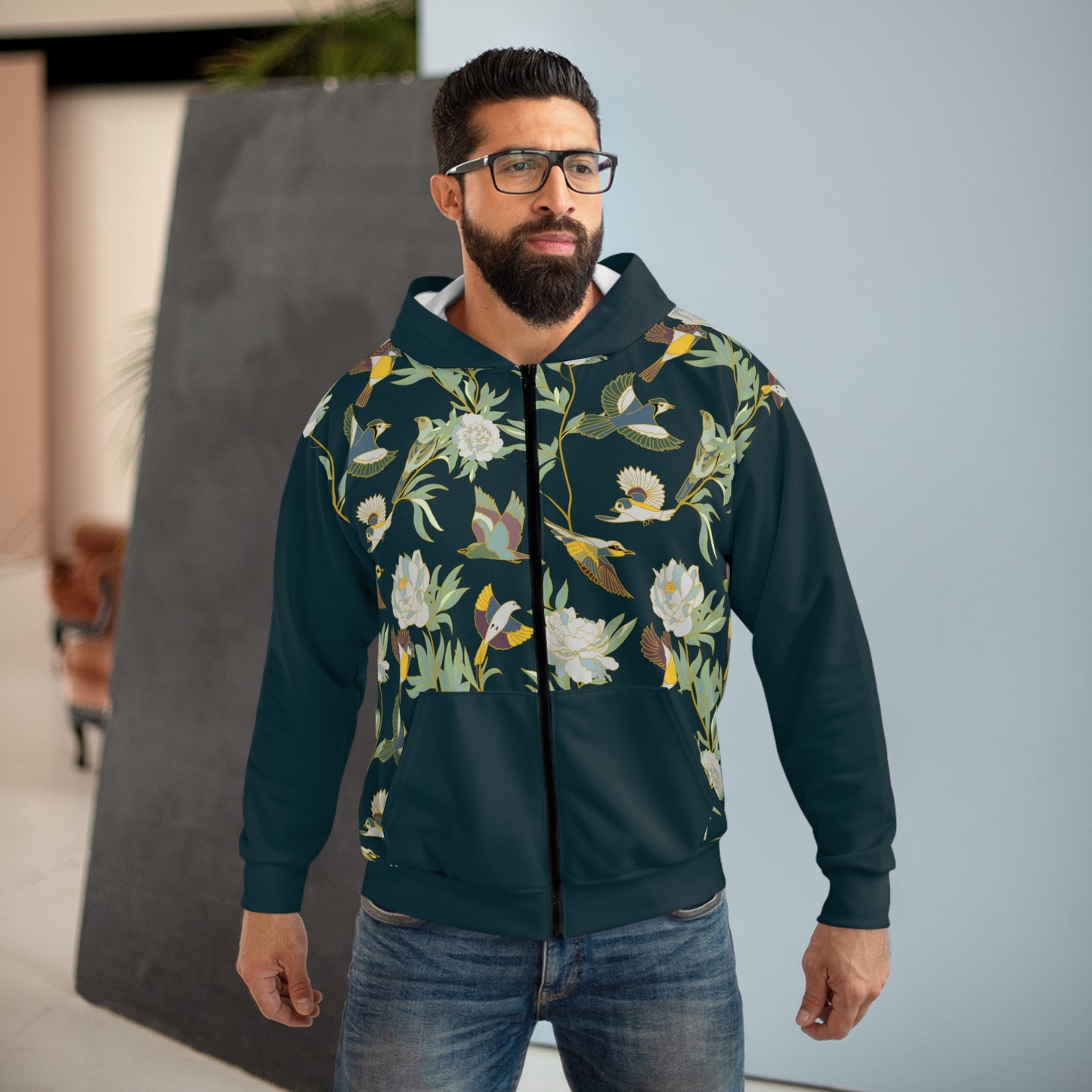 Unisex Zip Hoodie AOP / Roses & Hummingbirds Pattern All Over Print Hoodie / Aesthetic Pullover Zipper Hooded Jacket