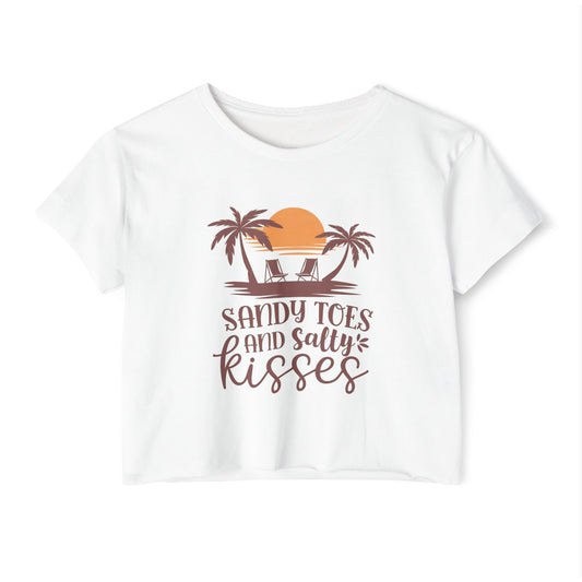 Summer Crop Top For Women, Beach Gifts For Her, Travel T-Shirt Croptop TShirt Merch, Sandy Toes Salty Kisses