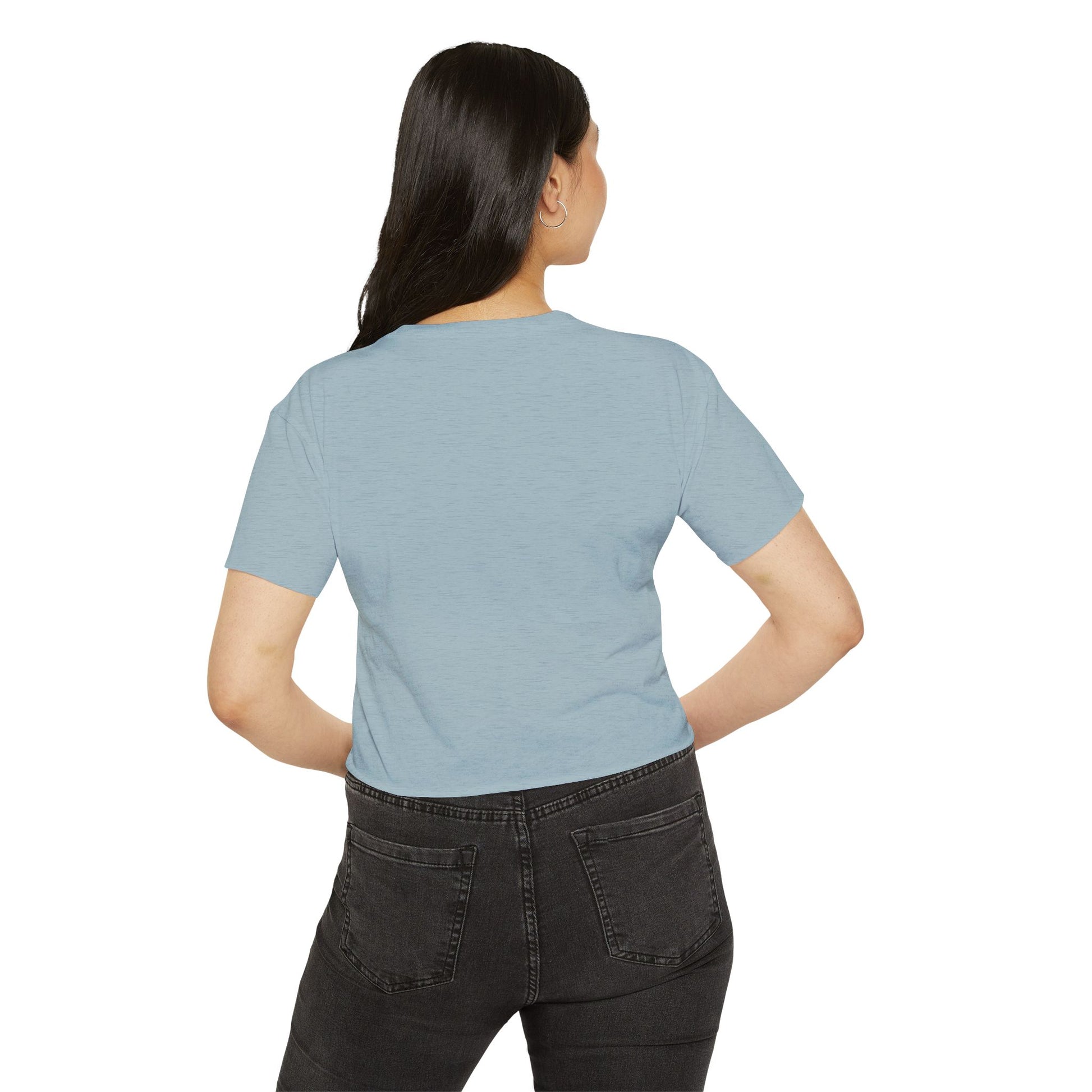 Back view of a woman wearing a light blue P-Pop Alamat crop top, ideal for concerts and casual gatherings.