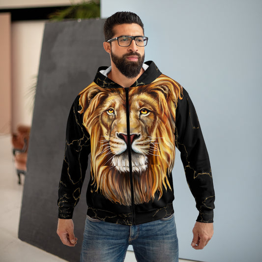 AOP Unisex Zip Hoodie / Golden Lion Head All Over Print Hoodie / Aesthetic Black Pullover Zipper Hooded Jacket