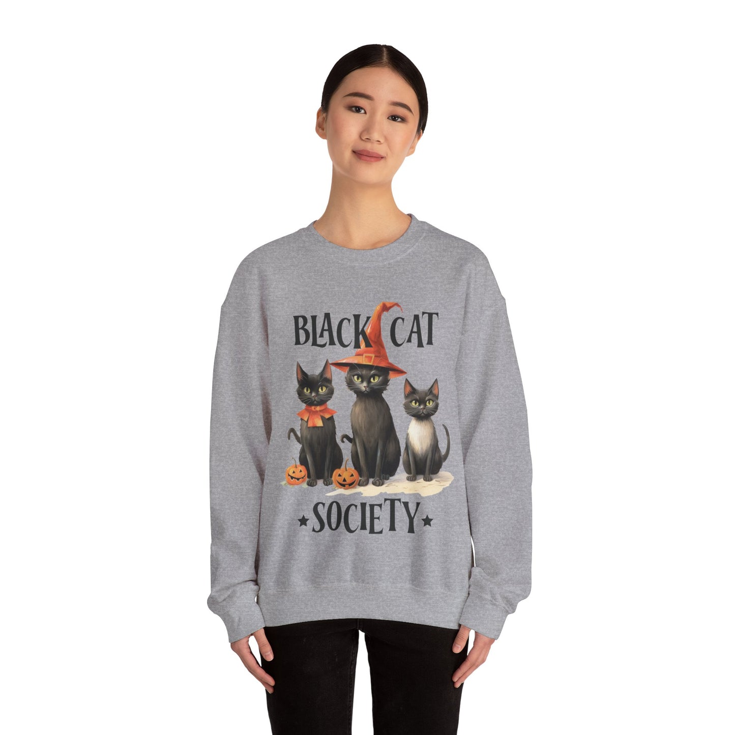 Cat Sweatshirt Halloween Graphic Pullover Sweater | Retro Gifts For Mom Cat Gift For Cat Lovers | Black Cat Society
