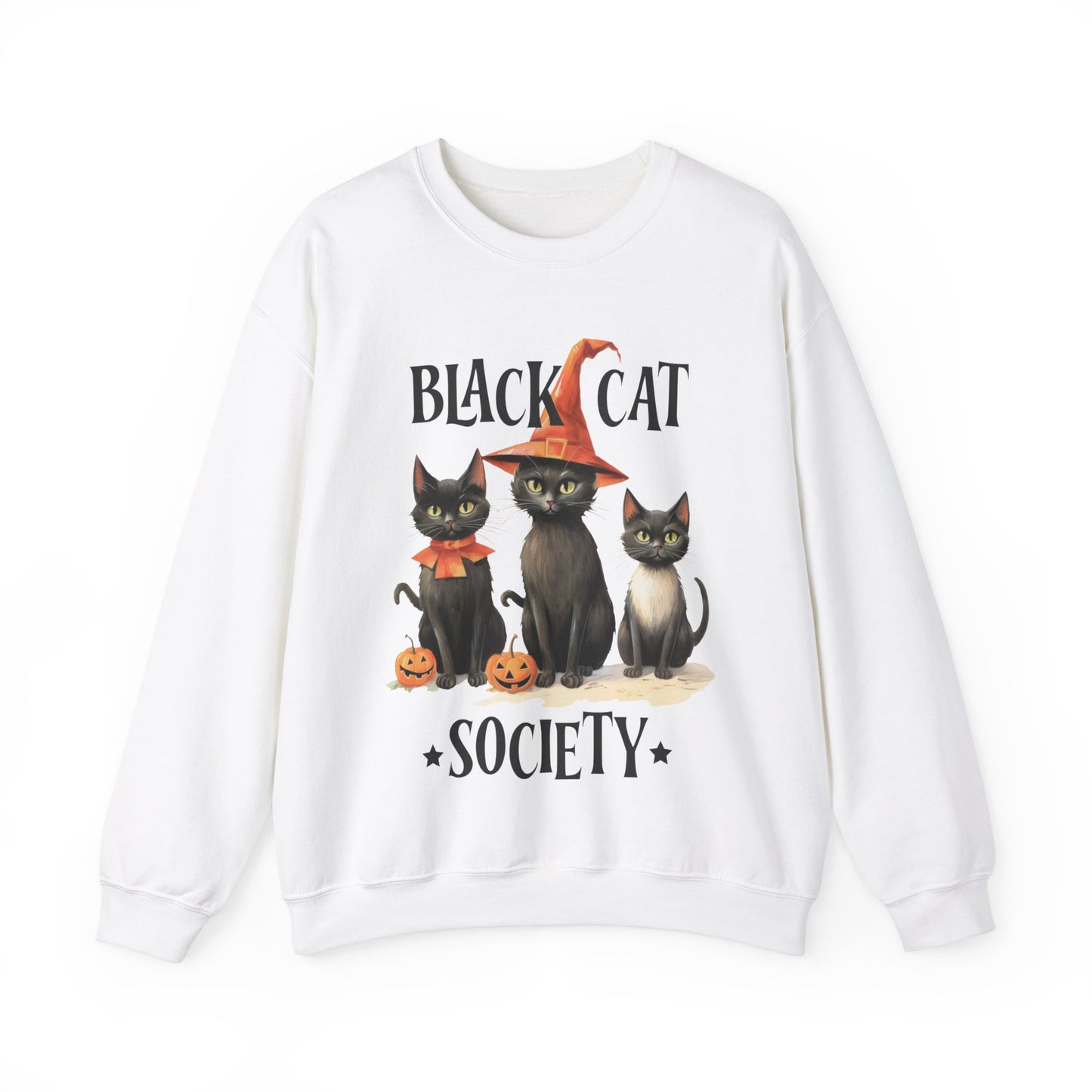 Cat Sweatshirt Halloween Graphic Pullover Sweater | Retro Gifts For Mom Cat Gift For Cat Lovers | Black Cat Society