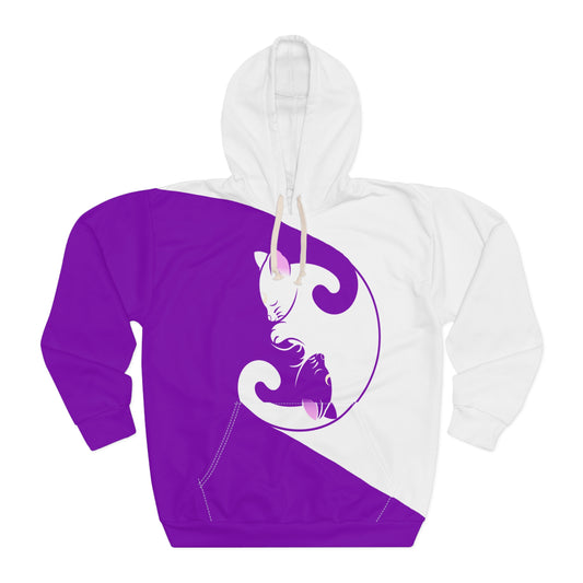 Unisex Pullover Hoodie AOP/ YingYang Cat Purple White All Over Printed Hooded Sweatshirt / Aesthetic Cute Winter Jacket
