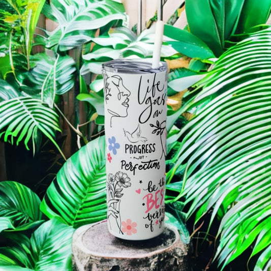 Affirmations tumbler in nature featuring motivational quotes, perfect for hot and cold drinks, ideal mental health gift for mom.