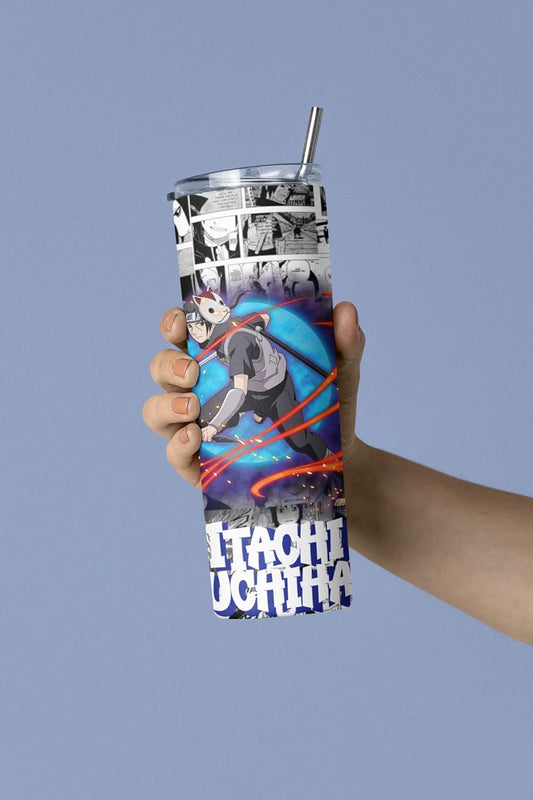 Anime tumbler featuring Itachi Uchiha, 20 oz stainless steel drinkware with straw, perfect for manga lovers.