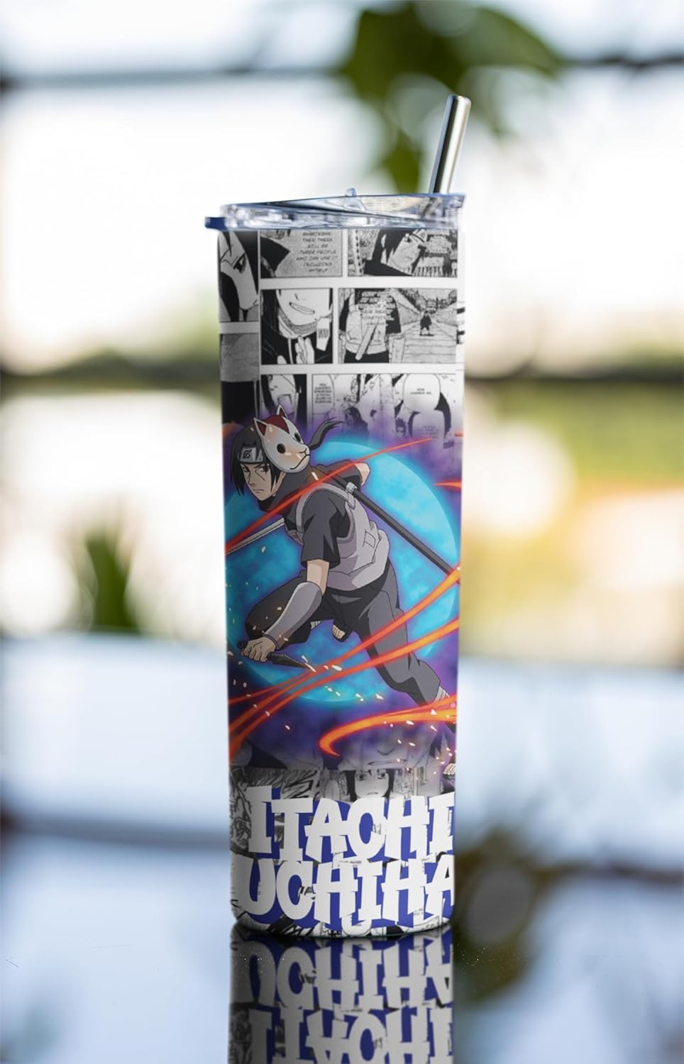 Anime Tumbler featuring Itachi Uchiha, 20 oz stainless steel drinkware for hot and cold beverages, perfect gift for manga fans.
