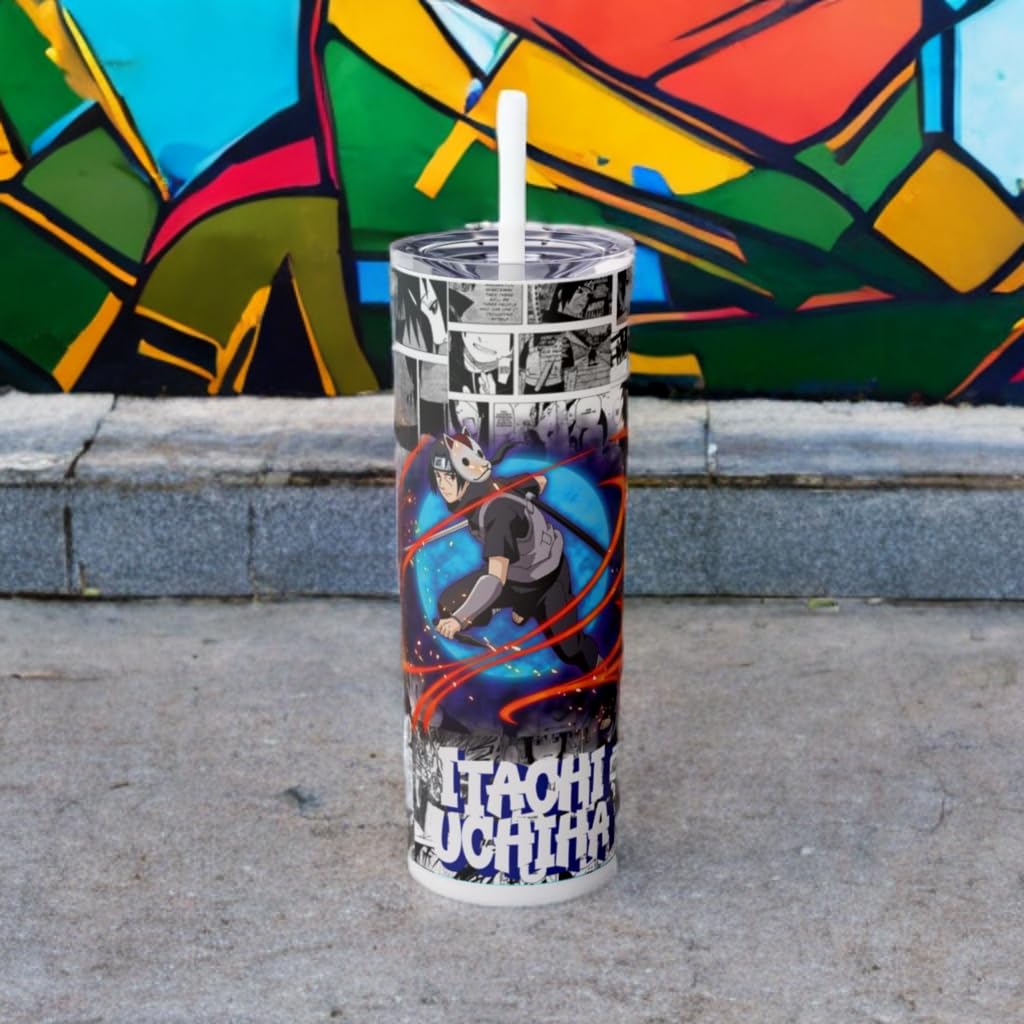 Itachi Uchiha 20 oz tumbler featuring vibrant anime design, perfect for manga lovers and hot or cold beverages.