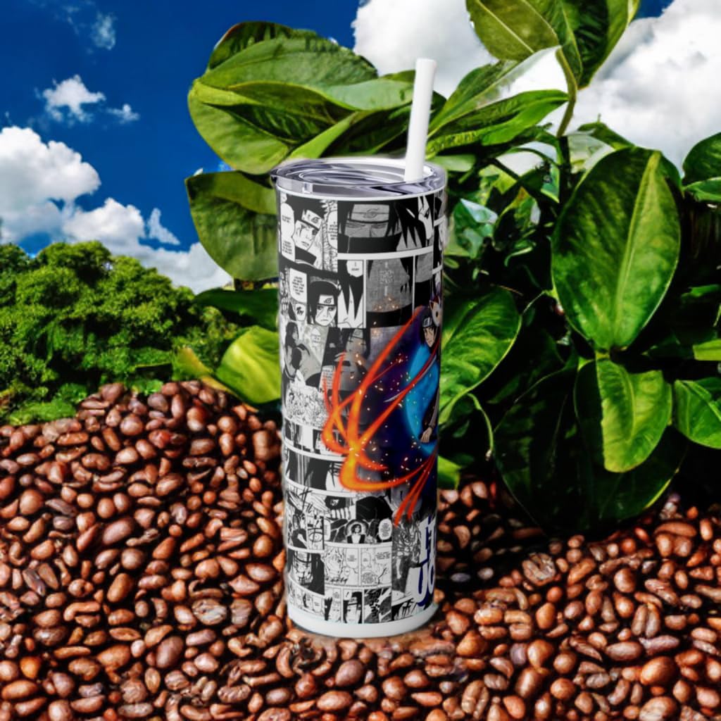 Anime Itachi Uchiha 20 oz tumbler with straw, stylish stainless steel drinkware for hot and cold beverages.
