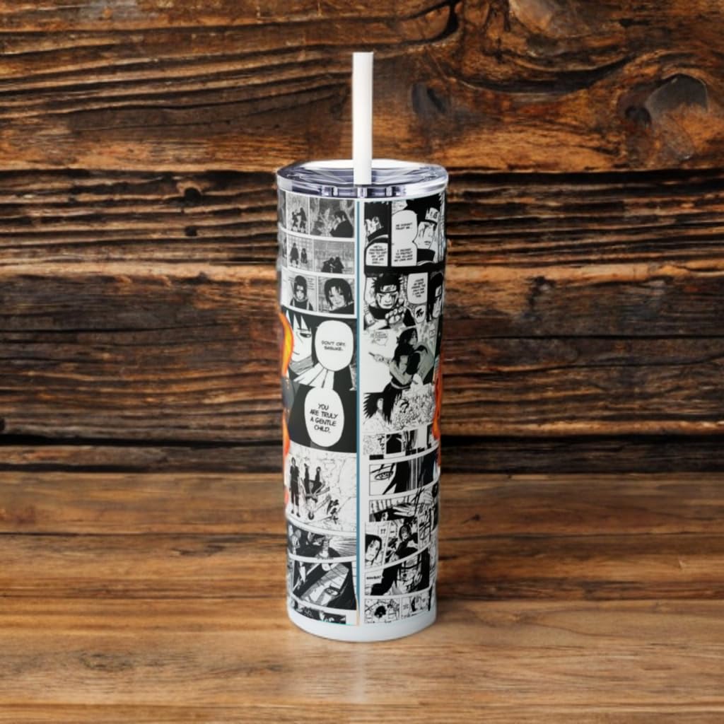 Anime tumbler featuring Itachi Uchiha design, 20 oz stainless steel drinkware with straw, perfect for manga lovers.