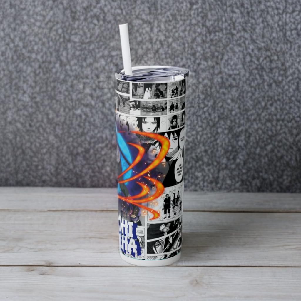 Anime tumbler featuring Itachi Uchiha design, 20 oz stainless steel drinkware with straw, perfect for manga lovers.
